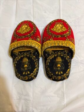 Versace Red, Black and Gold Baroque Embroidered Women's Slippers